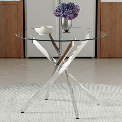 Tavolo da pranzo rotondo 88x88x75 cm, vetro temperato, bordi arrotondati, gambe in metallo, argento trasparente (1/5)