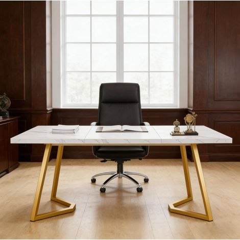 Escritorio de oficina blanco y dorado de metal y madera con diseño moderno y patas ajustables (1/5)