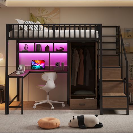 Cama alta 140x200 cm negra de metal con escritorio, armario y escalera con almacenaje (1/5)