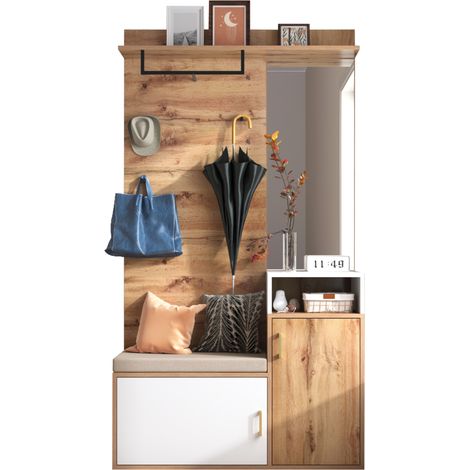 Meuble d'entrée blanc et bois avec miroir, 2 casiers à chaussures pour 9 à 12 paires, banc, 4 crochets et penderie, gain de place pour entrée moderne - CHICFURN (1/5)