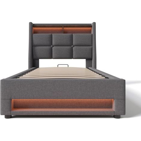 Lit simple 90x200 cm - Gris - Éclairage LED - Port USB - Rangement sous le lit (1/5)