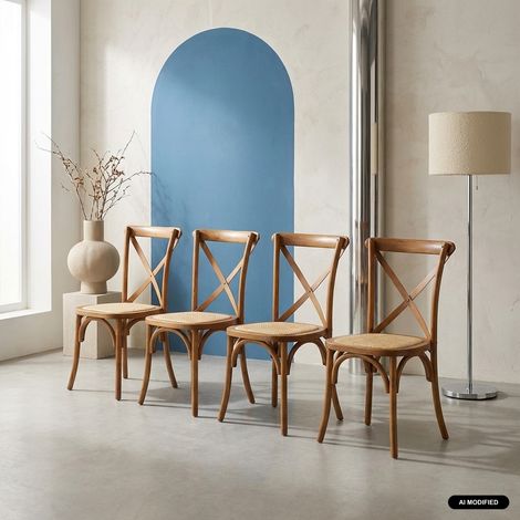 Lot de 4 chaises de bistrot en bois d'hévéa effet noyer. vintage. assise en rotin. empilables (1/5)