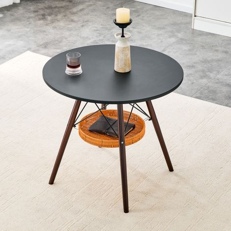 Mesa de comedor redonda, 80 cm de diámetro, con cesta colgante de almacenaje, patas reforzadas, madera maciza y MDF, nogal y negro (1/5)