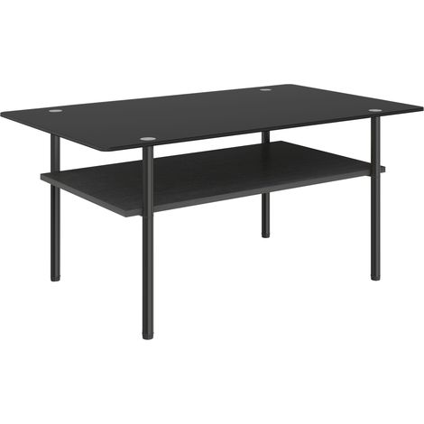 Table basse moderne avec plateau en verre noir trempé, rangement MDF et structure métallique, 98x58x45 cm (1/5)