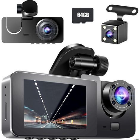 (Noir)Caméra de Voiture,1080P Dashcam Voiture Avant Arrière,170° Angle 3 Canaux avec SD 64G,Vision Nocturne,G-Sensor (1/5)
