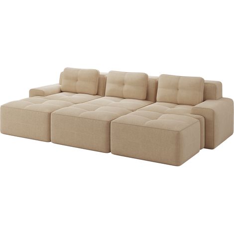 Sofá modular sin respaldo de pana beige con función cama y 3 módulos, 293 x 177 x 69 cm (1/5)