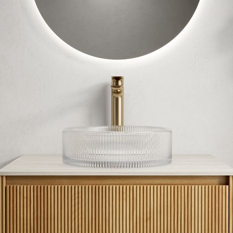 Waschbecken rund aus transparentem Kristallglas 36 cm Aufsatzbecken mit künstlerischer Streifenoptik (1/5)