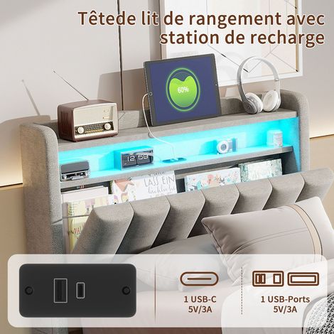 Dans Les Nuages – Lit coffre 90x190 cm avec éclairage LED – Tête de lit de rangement – Étagères intégrées – Sommier à lattes en bois – Velours gris — vue 4