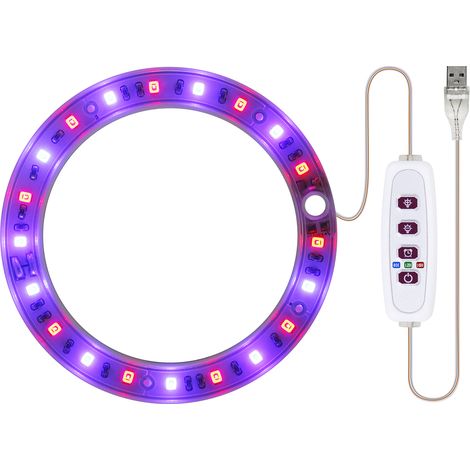 Vollspektrum-LED-Pflanzenlampe mit 20 LEDs, 8/12/16-Stunden-Timer, 5 einstellbaren Helligkeitsstufen, USB-Anschluss, Abschirmring für Sukkulenten