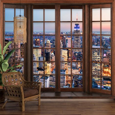 Papier peint panoramique Trompe l'oeil Fenêtre en bois - New York - 313 cm x 250 cm (1/5)