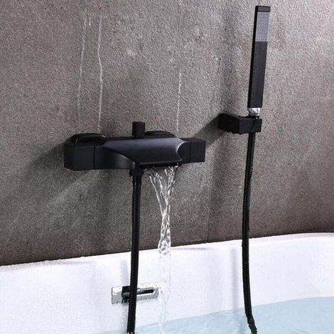 An der Wand montierter Wasserfall-Badewannenhahn, Badewannenmischbatterie mit Handbrause, an der Wand montierter Wasserhahn mit Wasserfall-Duschkopf, heiß und kalt (schwarz)