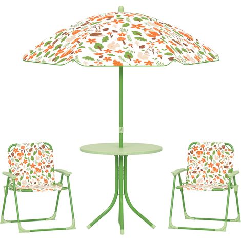 Ensemble de jardin pour enfants de 2 à 5 ans comprenant une table ronde, 2 chaises pliantes et un parasol, vert (1/5)