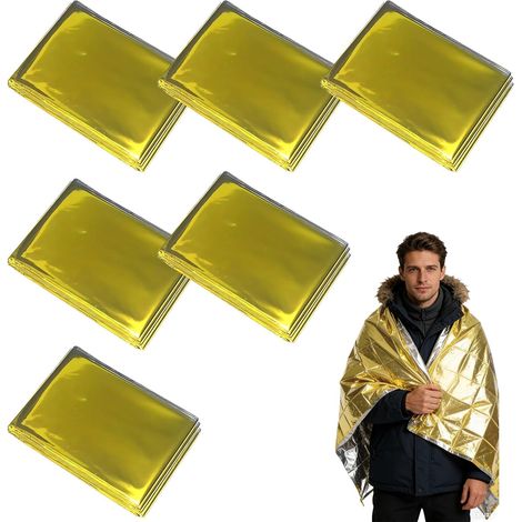 Manta térmica de supervivencia (210 x 160 cm) – Duradera, resistente a desgarros e impermeable – Primeros auxilios, situaciones de emergencia, camping, senderismo, coche, paquete de 6 (1/5)