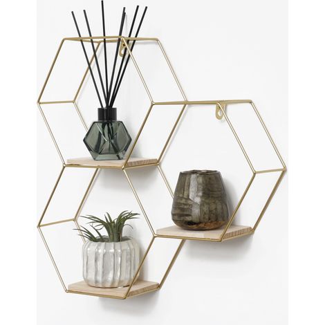 Triple étagère murale hexagonale en métal avec 3 tablettes en bois - 40,5x41 cm - Or