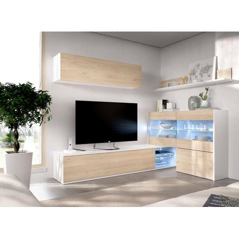 Dmora - Mueble de pared Daade, Conjunto modular de salón esquinero, Mueble de salón multiposición con luz LED, 260x41h180 cm, Roble y Blanco (1/5)
