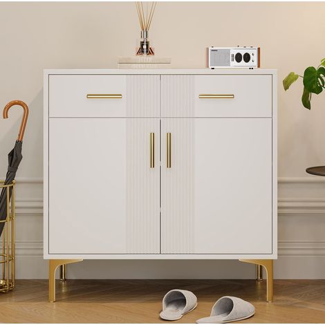 Credenza bianca con 2 ante, 2 cassetti e maniglie dorate, mobile contenitore, 80x35x79,5 cm (1/5)