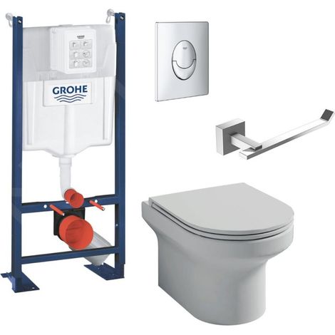 Pack inodoro suspendido Jacob Delafon sin brida Elite + estructura soporte Grohe RapidSL + placa cromada + portarrollos cromado