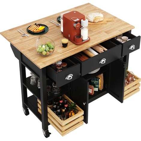 Moderne Kücheninsel (120×45×90cm) Küchenschrank Essschrank Esszimmerwagen Esszimmerwagen Holzmaserung Esszimmerwagen Esszimmerschrank Multifunktions-Esstisch mit Kiefernkorb Aufbewahrungskorb, schwarz