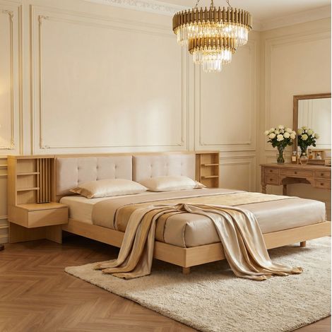 Letto matrimoniale 220.0x256.0x83.0 cm, testiera contenitore con cassetti e ripiani, porta USB, legno ingegnerizzato naturale (1/5)