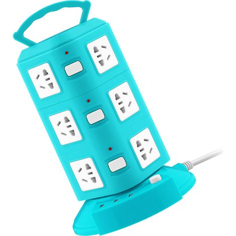 Socle multiprise tour 3 étages, prise multifonction avec protection contre surcharge, port USB, 220V 10A, vert paon, portable (1/5)