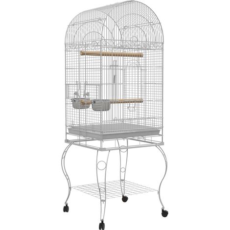 Jaula para pájaros con ruedas 51 x 51 x 153 cm bandeja extraíble 2 cuencos percha estante inferior moderno de acero blanco 210007561 (1/5)