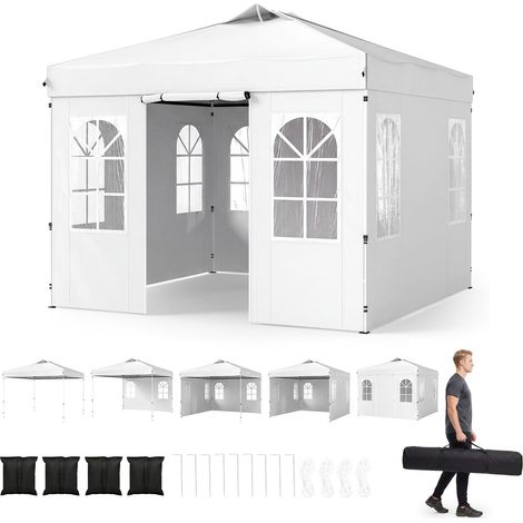 COSTWAY Gazebo da Giardino 3 x 3 m, Gazebo Pieghevole da Esterno con 4 Pareti Laterali Removibili, Struttura in Metallo, Altezza Regolabile e Borsa da Trasporto per Mercatini, Fiere e Picnic (Bianco) (1/5)