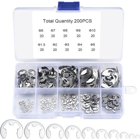 Lot de 200 E-Clips en acier inoxydable – Anneaux de retenue externes 1,5 à 10 mm – Résistants à la rouille pour applications industrielles (1/5)