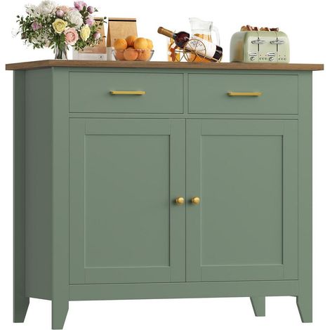 Buffet de cuisine 2 portes 2 tiroirs style champêtre vert avec plateau bois