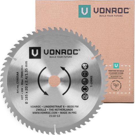 Vonroc – Lame de scie circulaire 185mm 60 dents – Pour bois dur et stratifié – Alésage 20mm – Coupe nette sans éclats