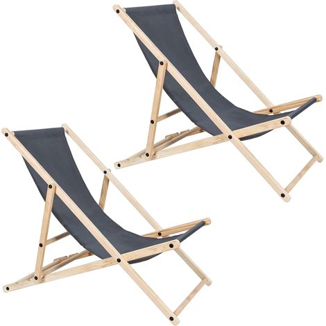 Lot de 2 chaises longues pliantes en bois jusqu'à 120 kg - Pour l'intérieur et l'extérieur - Pour la plage - Gris (1/5)