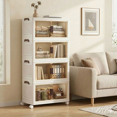 Boîte de Rangement Empilable sur Roulettes, Organisateur 4 Niveaux, en Plastique, Grande Capacité, Blanc (1/5)