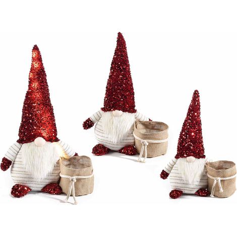 Gnome Père Noël avec sac cache-pot et bonnet à paillettes, lot de 3, grand : 34 x 19,5 x H. 58 cm