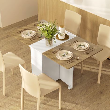 Table Rectangulaire Extensible avec 2 Tiroirs et un Placard en Bois, 140x76x74 cm, Blanc et Couleur Bois (1/5)
