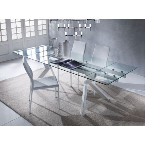 Table extensible 160-240cm pieds laqué blanc et plateau verre trempé Kiota (1/4)