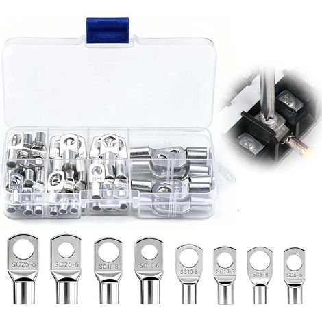 60 Pièces Cosses Tubulaires, Cosses Annulaires 6-25mm² Électriques en Cuivre Étamé à Œillet, Cosse Batterie Non Isolées à Sertir ou Souder, Cosse à Anneau M6 M8 pour Câbles Batterie Auto Moto Solaire (1/5)