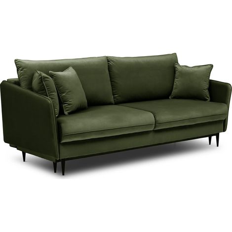 Selsey 3-Sitzer Schlafsofa Schlafcouch Volio Bettkasten olivgrün hydrophober Samt mit schwarzen Beinen (1/5)