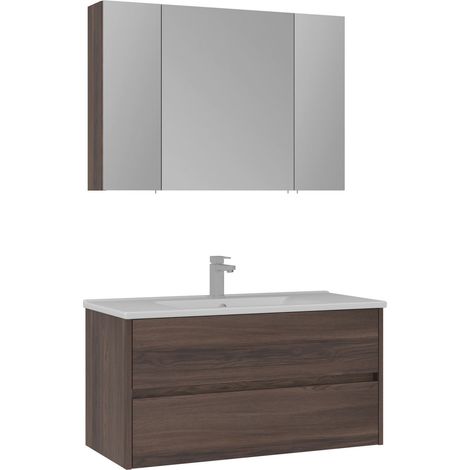 Ensemble Meuble Vasque avec Miroir (2 Pièces) "Side 100 v3" - 100 x 16 x 52 cm - Walnut (1/3)