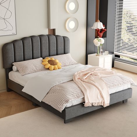 Lit rembourré 140x200 cm, lit double avec sommier à lattes, tête de lit réglable, tissu en lin,  gris, sans matelas