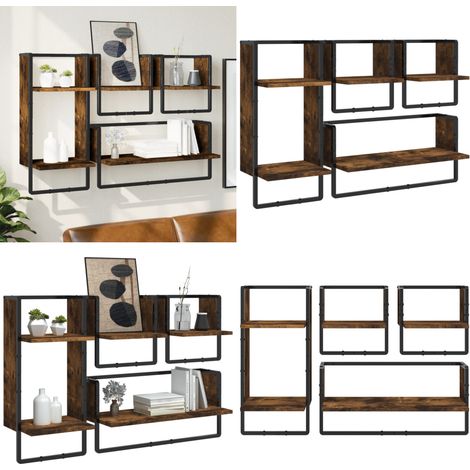 Ensemble d'étagères murales avec barres 4 pcs chêne fumé - Rangement mural - Étagères flottantes (1/5)