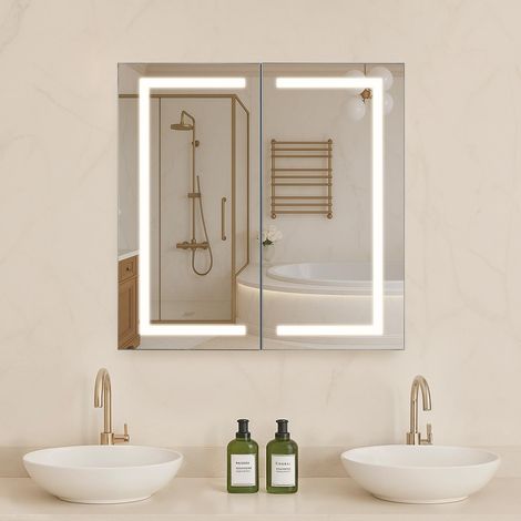 Armoire Murale ou Encastrée Salle de Bain 65x65 cm, Armoire de Toilette avec Miroir HD et LED 3 Couleurs à Intensité Variable, Fonction de Désembuage à Mémoire, Étagère de Rangement Réglable (1/5)