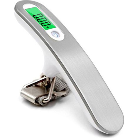 Balance à bagages numérique portable de 50 kg (110 lb) avec sangle pour bagages et valises de voyage, blanche (touches rondes et rétroéclairage vert), idéale pour l'extérieur. (1/5)