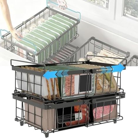 2 Paquets de Paniers de Congélateur Coffre, Extensible Rangement Congelateur Coffre avec Pliables Poignées pour 283 à 566L Congelateur, Métal Organisateur de Congélation Empilable pour Coffres (1/5)