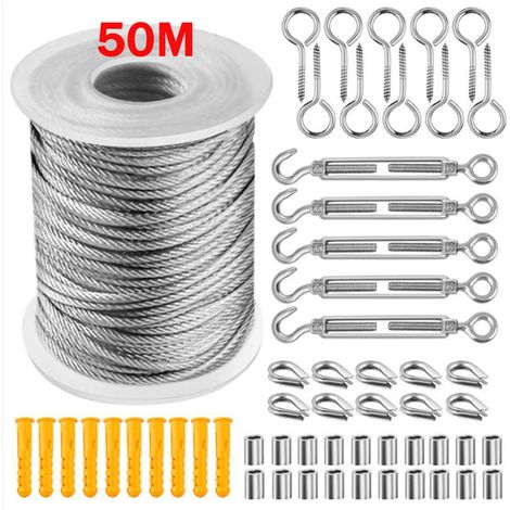 QAZQA Corde en Acier Inoxydable à Suspendre Kit,50M/2mm Cable en Acier Inoxydable Revêtu avec Tendeur Câble et Crochet pour Suspension Lumineuse,Plante Grimpante,Corde a Linge,Rideau,Rambarde