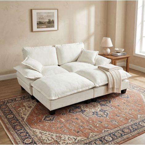 Modulares Ecksofa mit 2 mobilen Ottomanen und 2 Kissen, in Chenille beige (1/5)