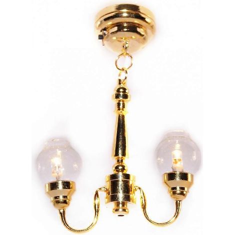 Plafonnier double en laiton pour maison de poupée, abat-jour en verre transparent, éclairage LED ( )