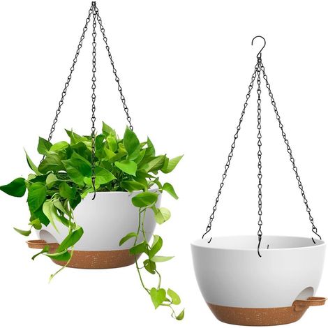 2er-Set 25cm Selbstbewässernde Hängeampel Weiß/Braun für Innen & Außen (1/5)