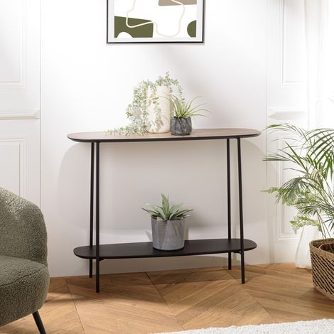 JULIA - Console 2 plateaux 100x30cm bi-matière marron/noir pieds métal (1/5)