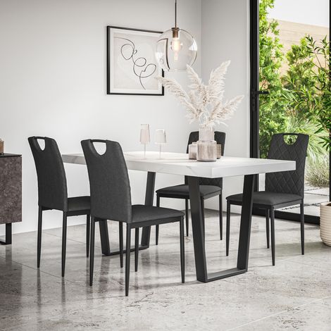 Aria Dining Table And Chairs -  White Marble Effect Table Top w Black Legs + Monza Linen Dining Chair Set Of 4 (Charcoal) (1/5)
