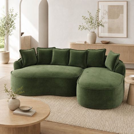 Sofá esquinero modular sin estructura con chaise longue, asiento profundo, chenilla verde HAVRYA (1/5)