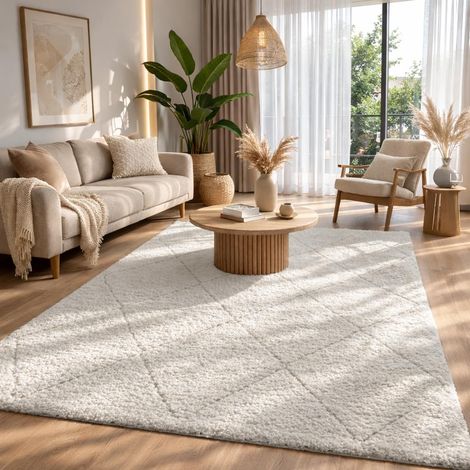 Shaggy Tapis de Salon élégant et Design à Poils Longs, Doux et Facile d'entretien, en Losange crème, 120 x 170 cm (1/5)